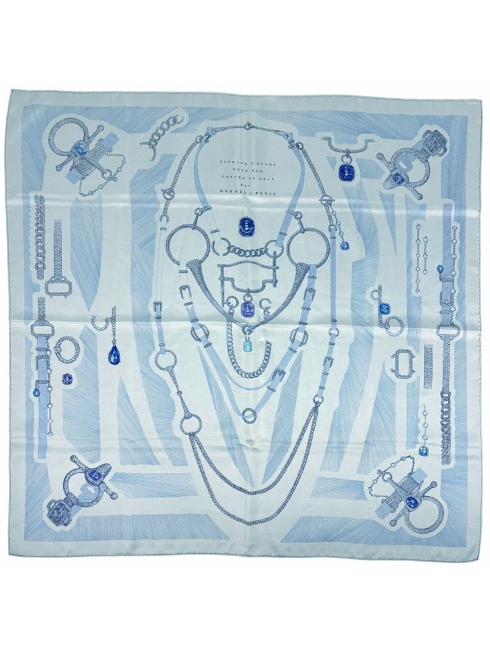 Hermes Carre 90 Etude Pour Une Parure de Gala Formal Scarf Silk Light Blue